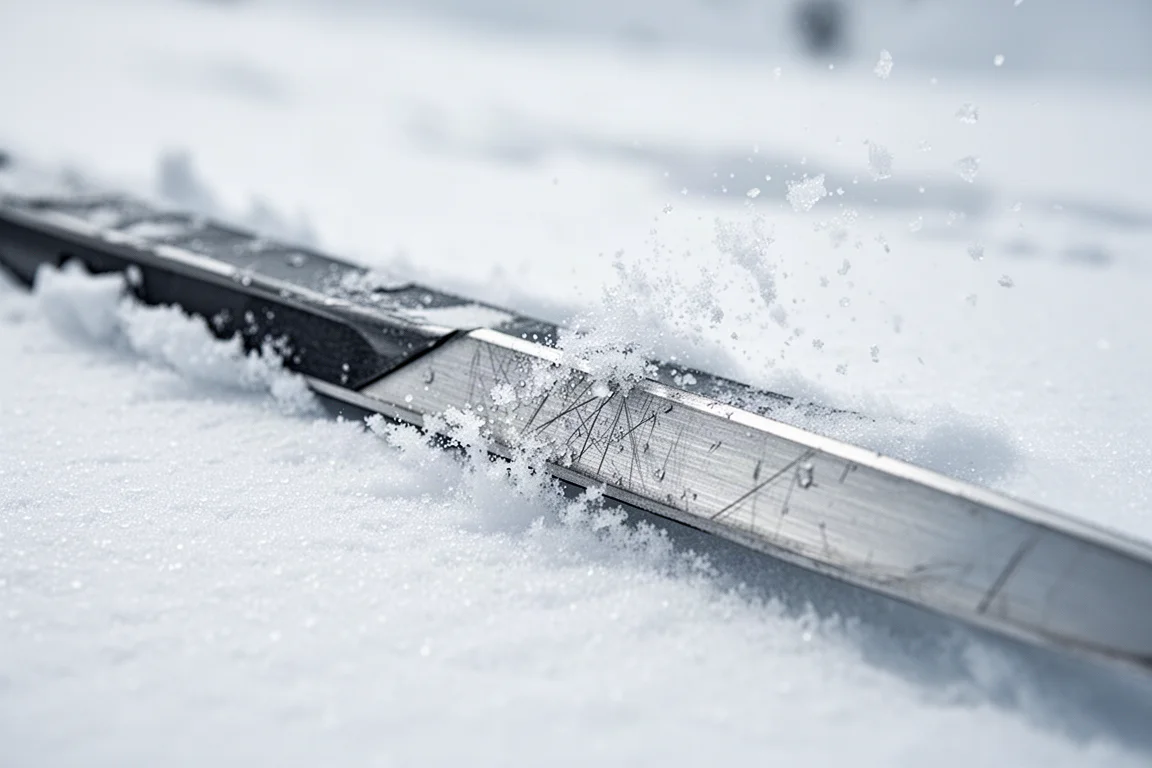 滑雪板板刃切入帶有冰晶的堅硬粉狀雪面