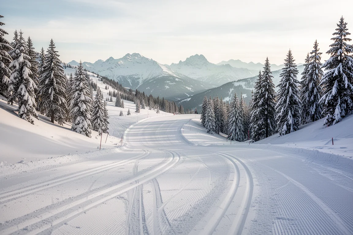 Frisch präparierte Piste mit geschnittenen Schwungspuren an einem klaren Blaubuchtmorgen
