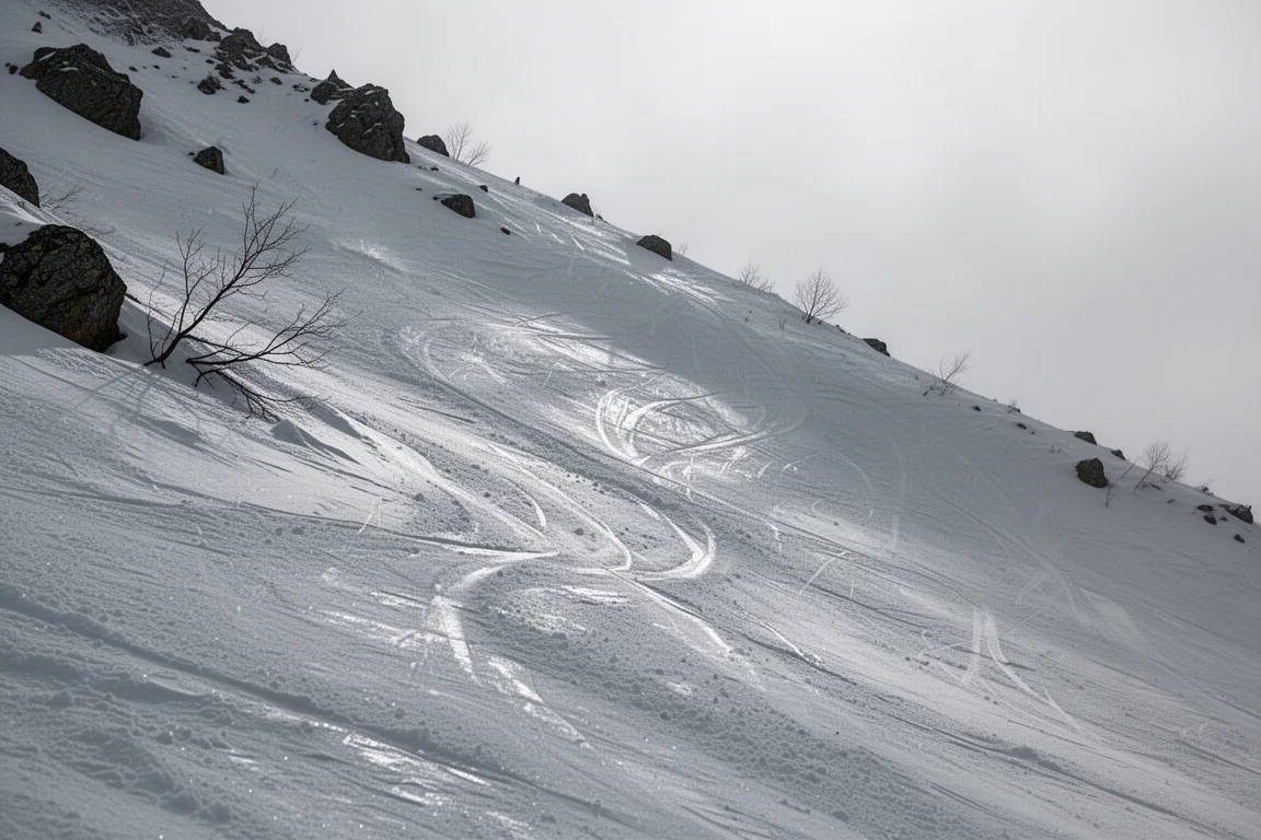 Steile, vereiste hartpräparierte Skipiste mit scharfen Schatten und windgefräster Textur