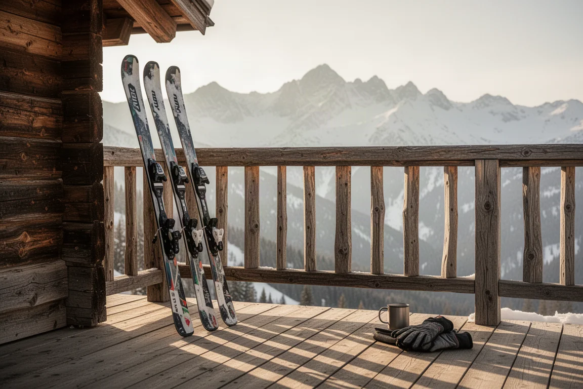Skier lehnen an einer hölzernen Lodge-Balustrade mit schneebedeckten Gipfeln im Hintergrund