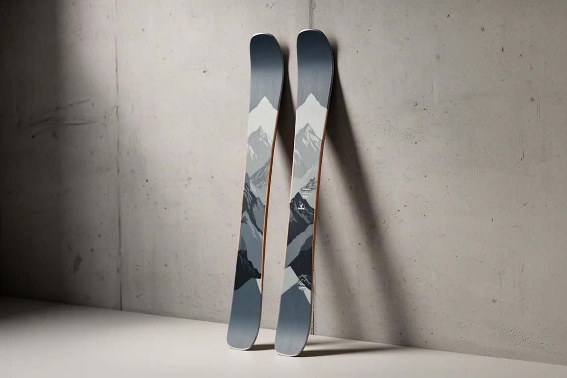 Pair of handcrafted all-mountain skis leaning against a concrete wall in studio light