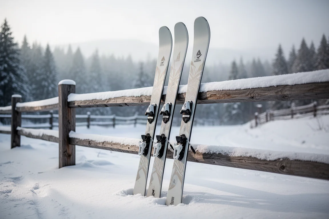 Pair of wide powder skis leaning against a snow-covered fence at a mountain trailhead