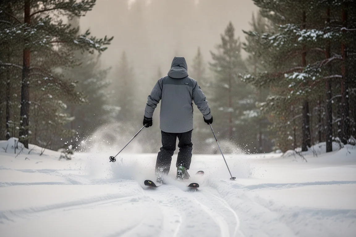 Esquiador avanzando por nieve blanda pisada con las punteros de los esquíes por encima de la superficie