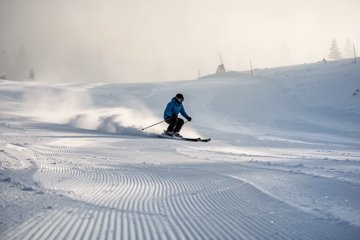 Esquiador trazando un giro en una pista recién pisada con una ligera capa de nieve