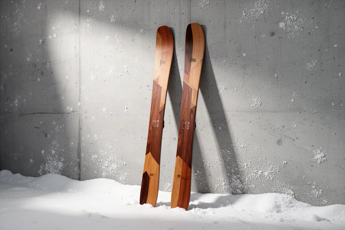 Pair of handmade all-mountain skis leaning against a snow-dusted concrete wall