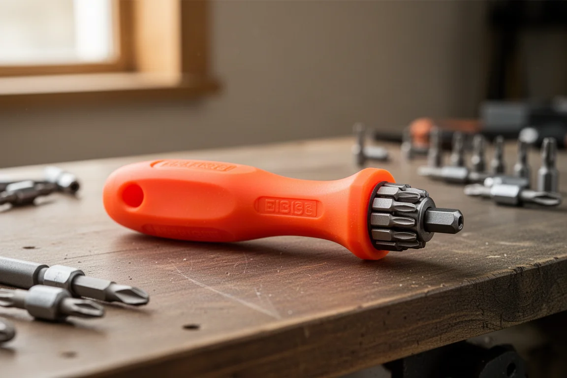 Tournevis à embouts à manche orange avec carrousel rotatif tenu dans un atelier