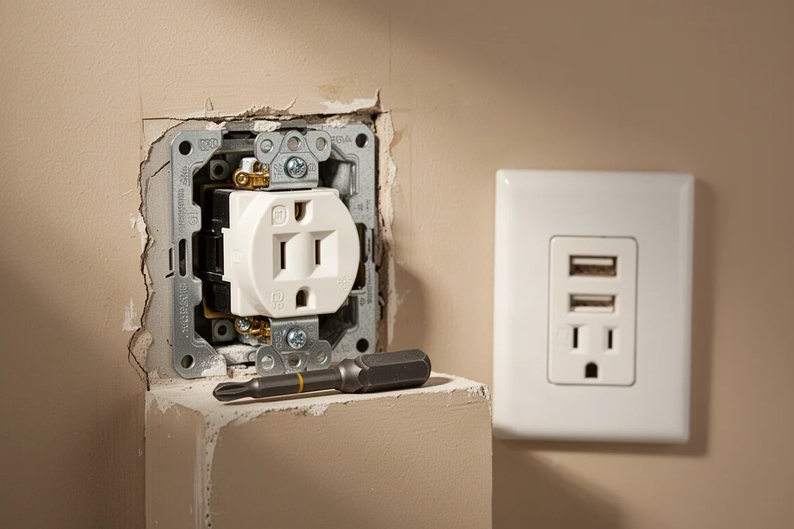 Scène d'installation d'une prise électrique où un embout combiné serait utile