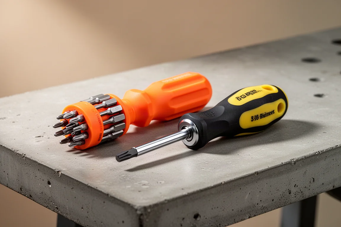 Orange MegaPro bit driver and Klein ratcheting screwdriver side by side on a workbench