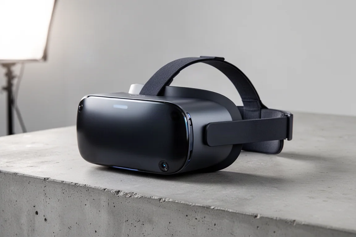 マットブラックの表面に置かれたPimax Dream AirコンパクトヘッドセットとPimax Crystal Superプレミアムヘッドセット