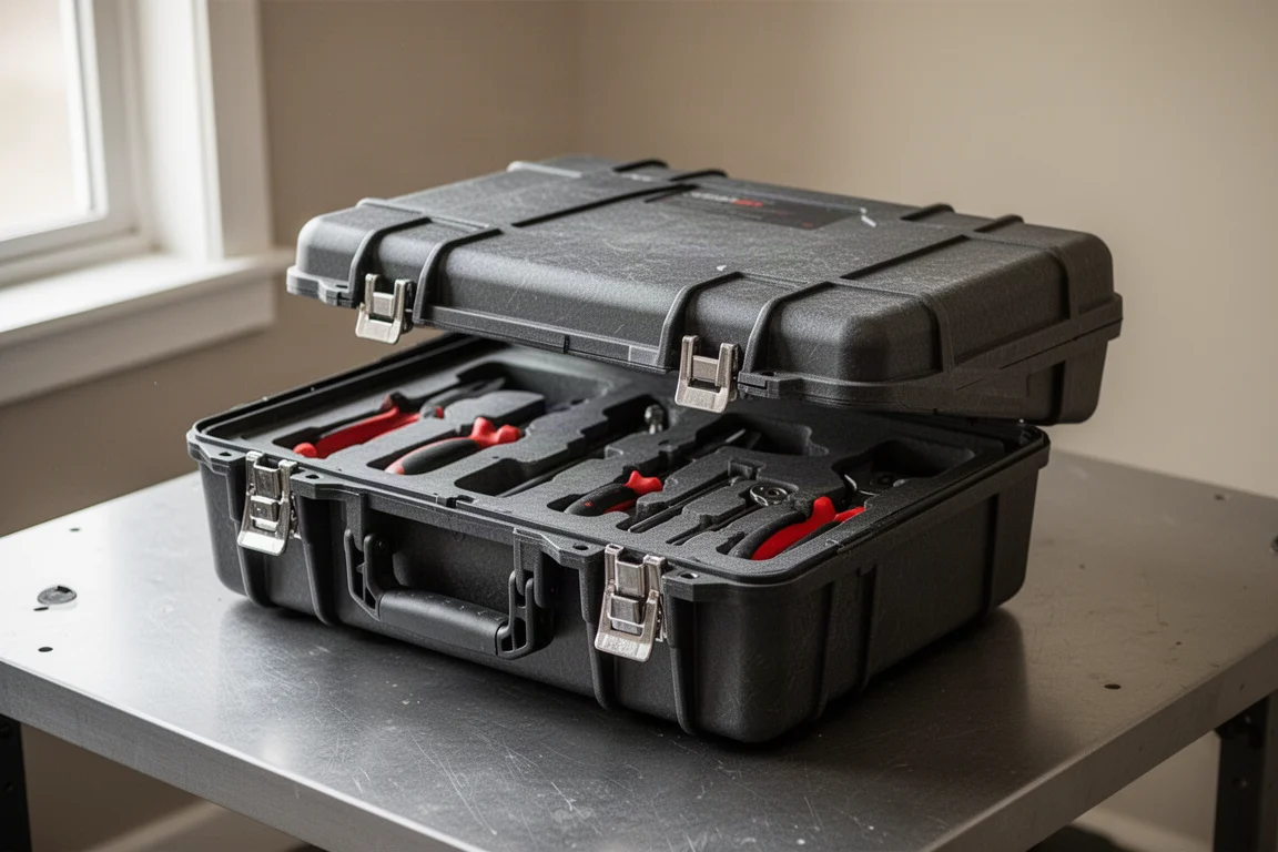Heavy-duty blow-molded tool case with latches, partially open on a workbench