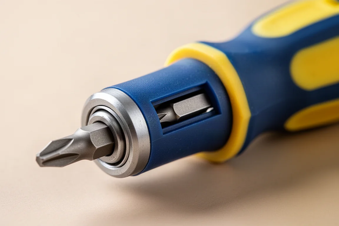 Close-up of a spinning bit carousel collar on a multi-bit screwdriver