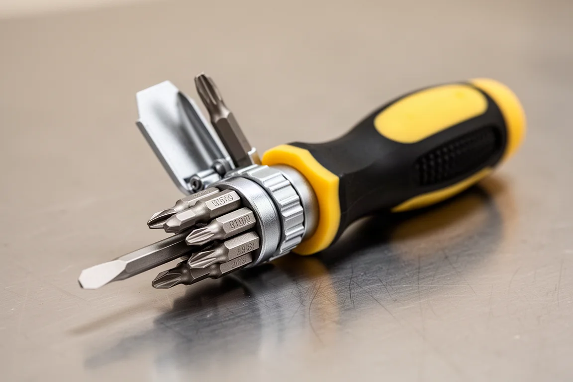Multi-Bit-Schraubendreher mit geöffnetem Bit-Karussell, das sechs Bits zeigt