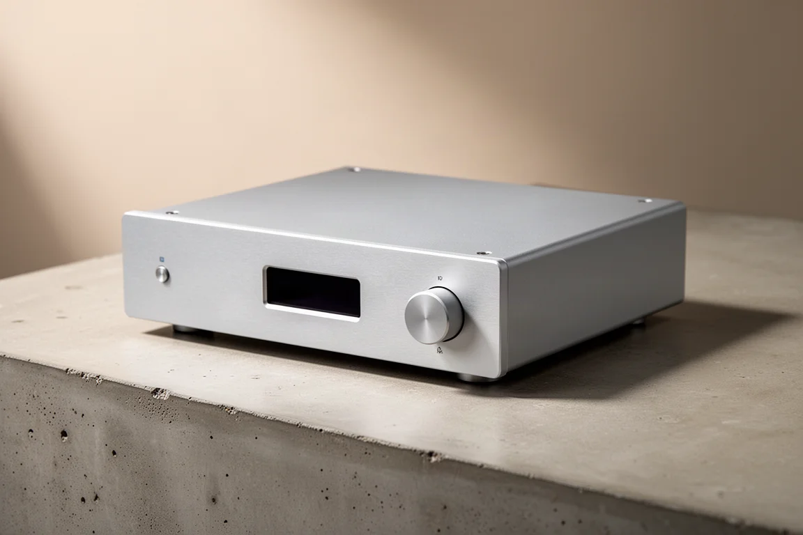 Slim silver DAC and preamplifier with volume knob on a walnut shelf beside speakers