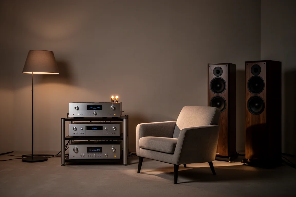 Schwach beleuchteter Hörraum mit einem Rack voller High-End-Komponenten und einem leeren Sessel