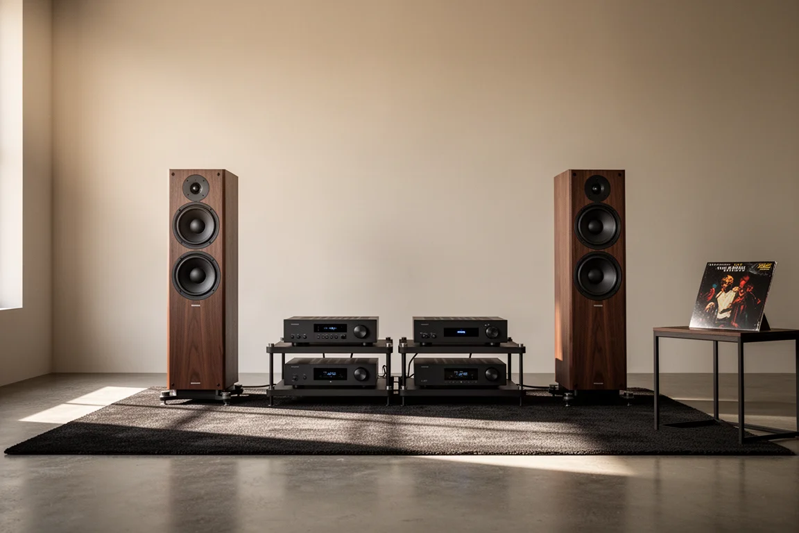 High-End-Stereoanlage mit Standlautsprechern, Verstärkerrack und Vinylhülle