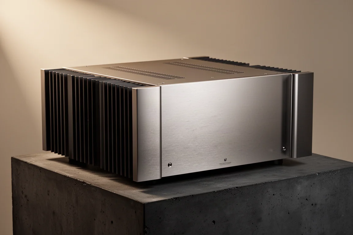 Large high-end solid-state power amplifier with brushed aluminium faceplate on concrete