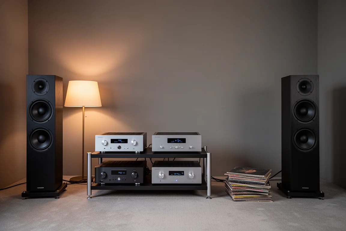 High-end two-channel listening room at dusk with a rack of separate components and floorstanding speakers