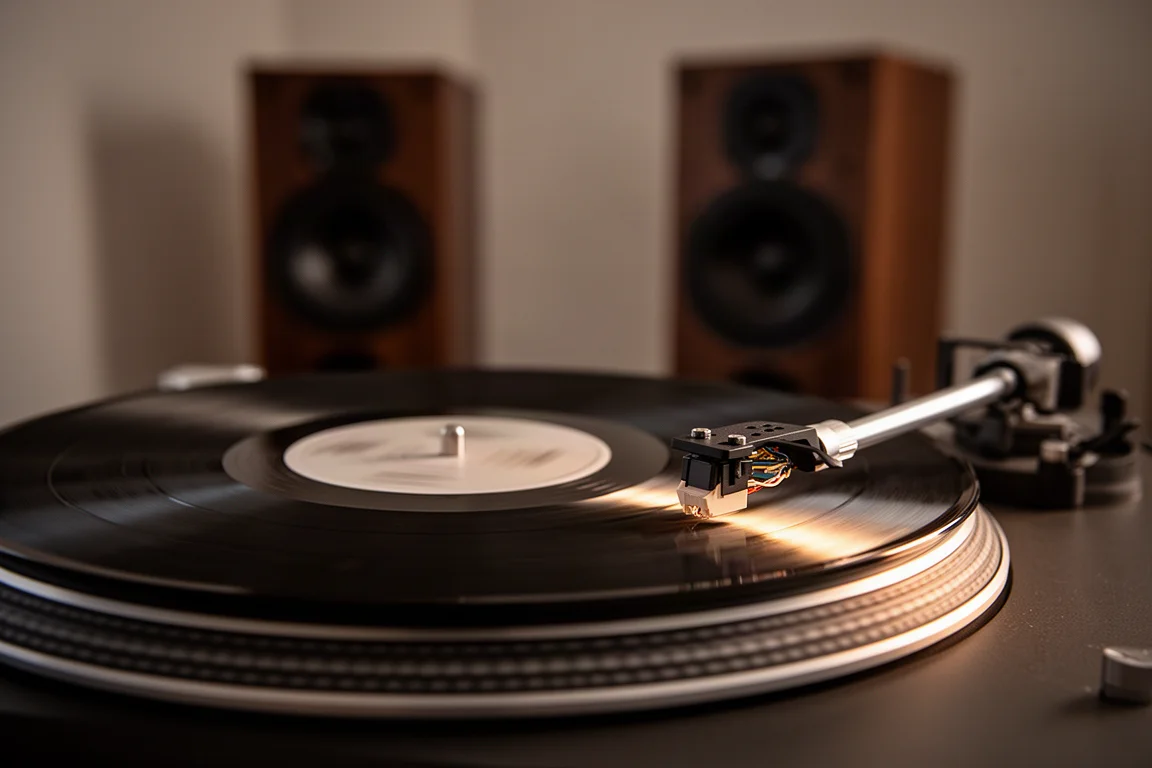 Turntable spinning a vinyl record in a dim listening room with tonearm in sharp focus
