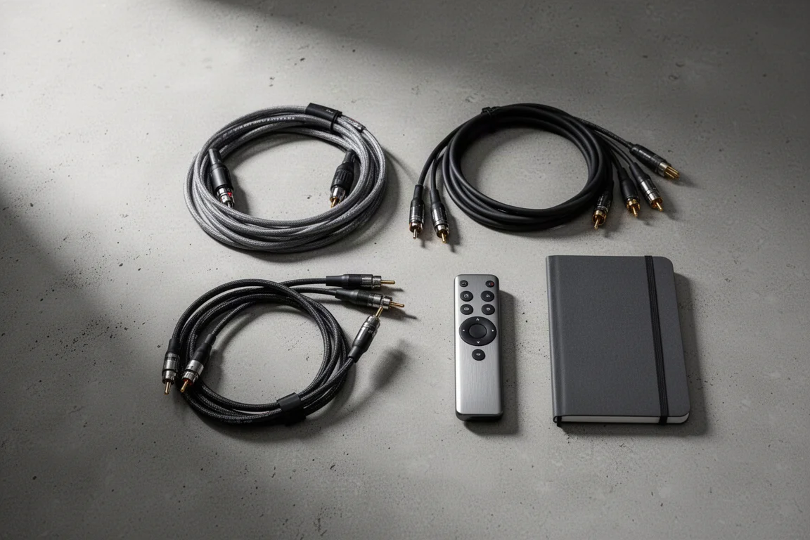 Overhead flat-lay of audio interconnects, balanced cables and a metal remote on concrete