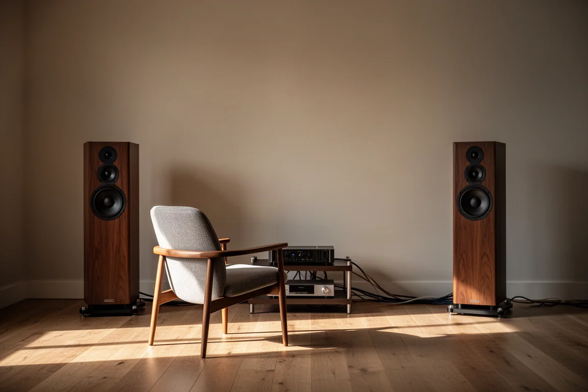 Listening chair facing floorstanding speakers in a minimally furnished room with afternoon light