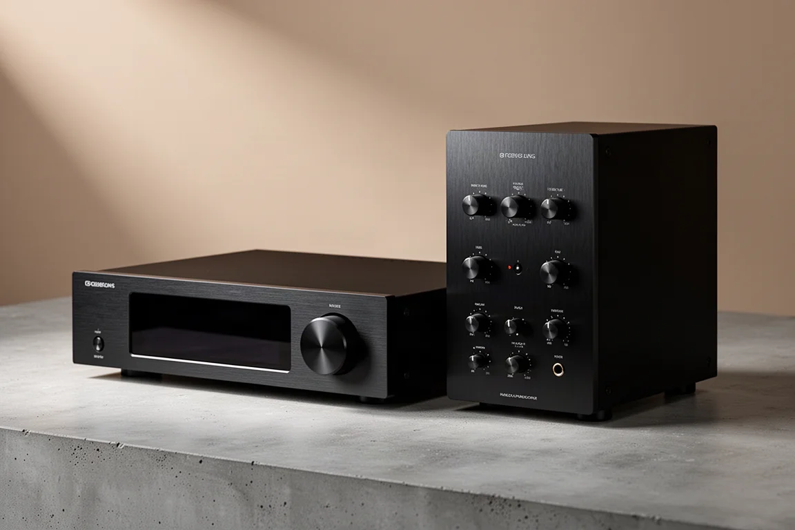 Two high-end stereo preamplifiers side by side on a matte concrete surface