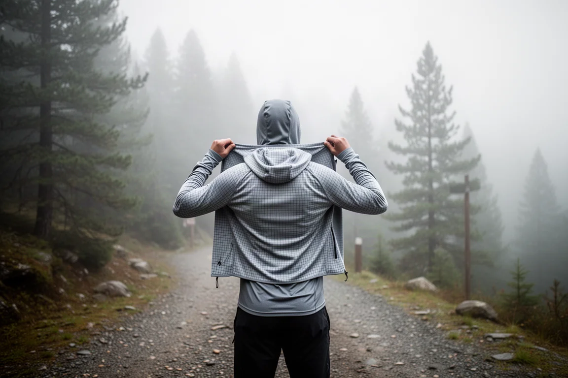 Wanderer auf einem Bergpfad im kühlen Morgenlicht mit schlichtem Fleece-Hoodie