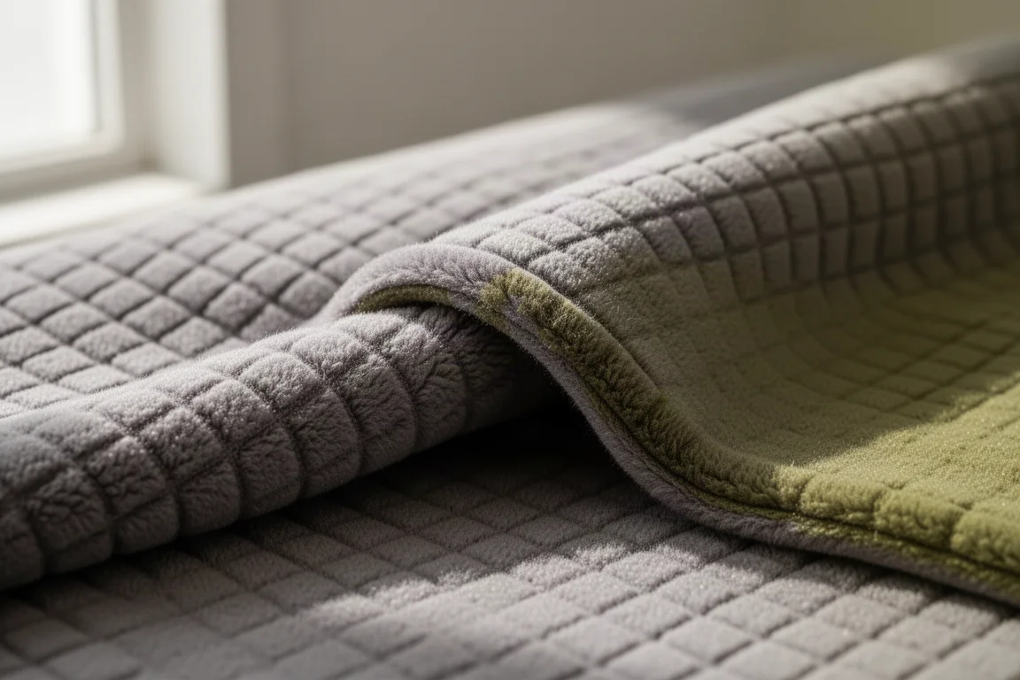 Nahaufnahme der Grid-Fleece-Struktur mit Waffelmuster in weichem Licht
