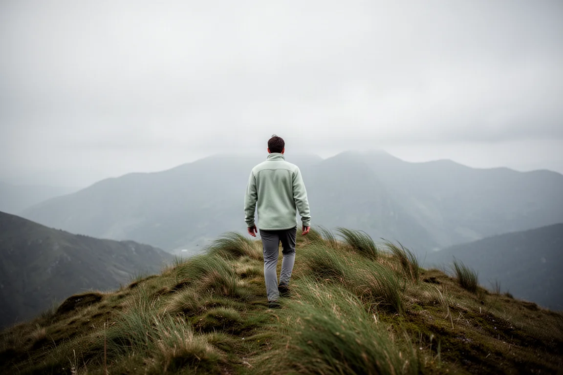 Wanderer auf einem exponierten windigen Grat mit im Wind gebogenem Gras zur goldenen Stunde