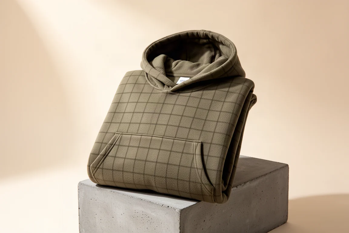 Olive micro grid fleece hoodie with full-circle hood and large front pouch on concrete