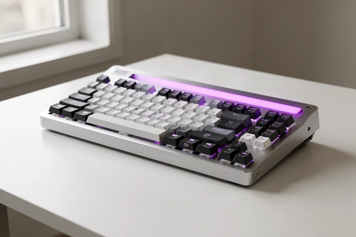 コンクリートのテーブルにさまざまなサイズと素材のゲーミングキーボードが並んでいる様子