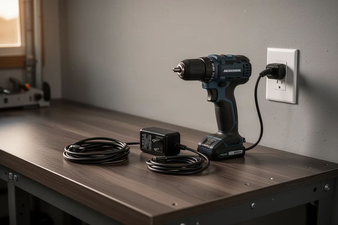 Werkbank mit Akku-Bohrschrauber und einem an eine Steckdose angeschlossenen AC-Adapter-Block