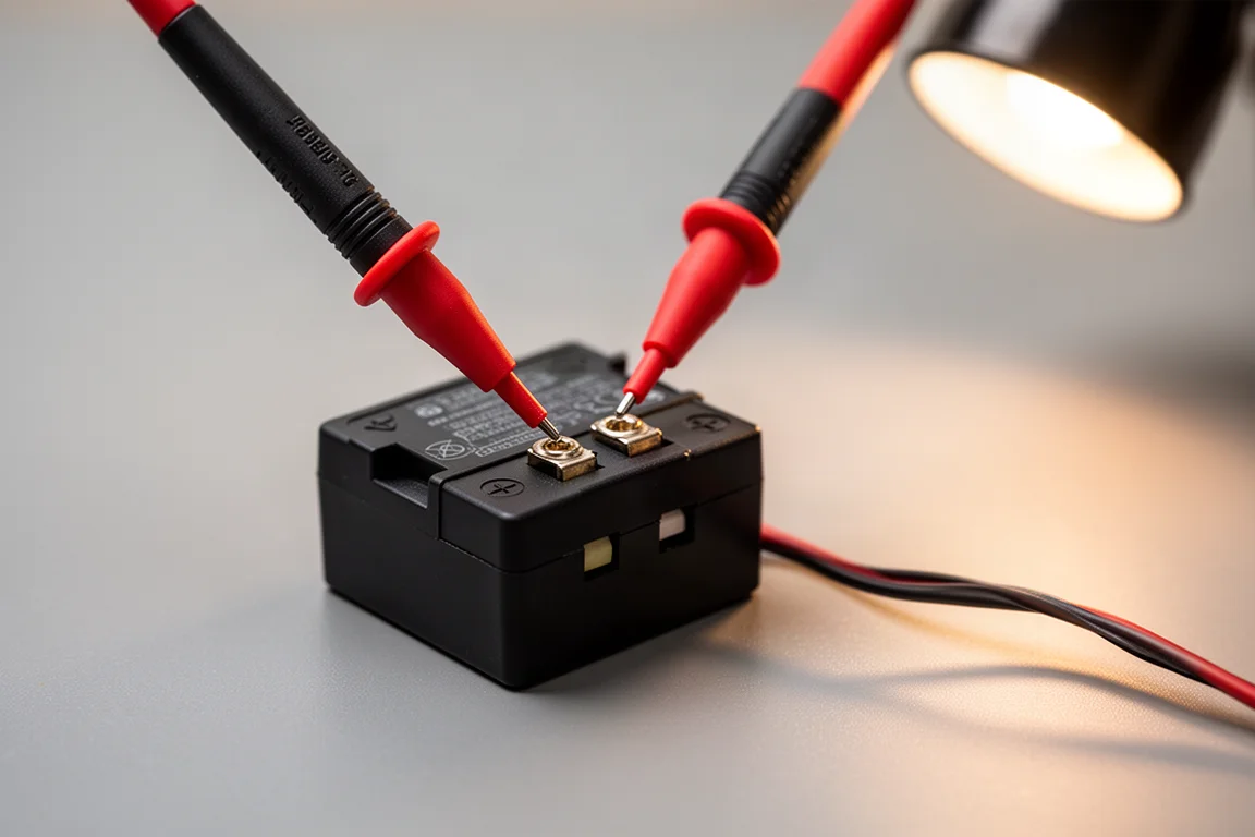 Nahaufnahme eines Multimeter-Sondenmesswerts für Spannung an einem Akku-Adapter-Anschluss