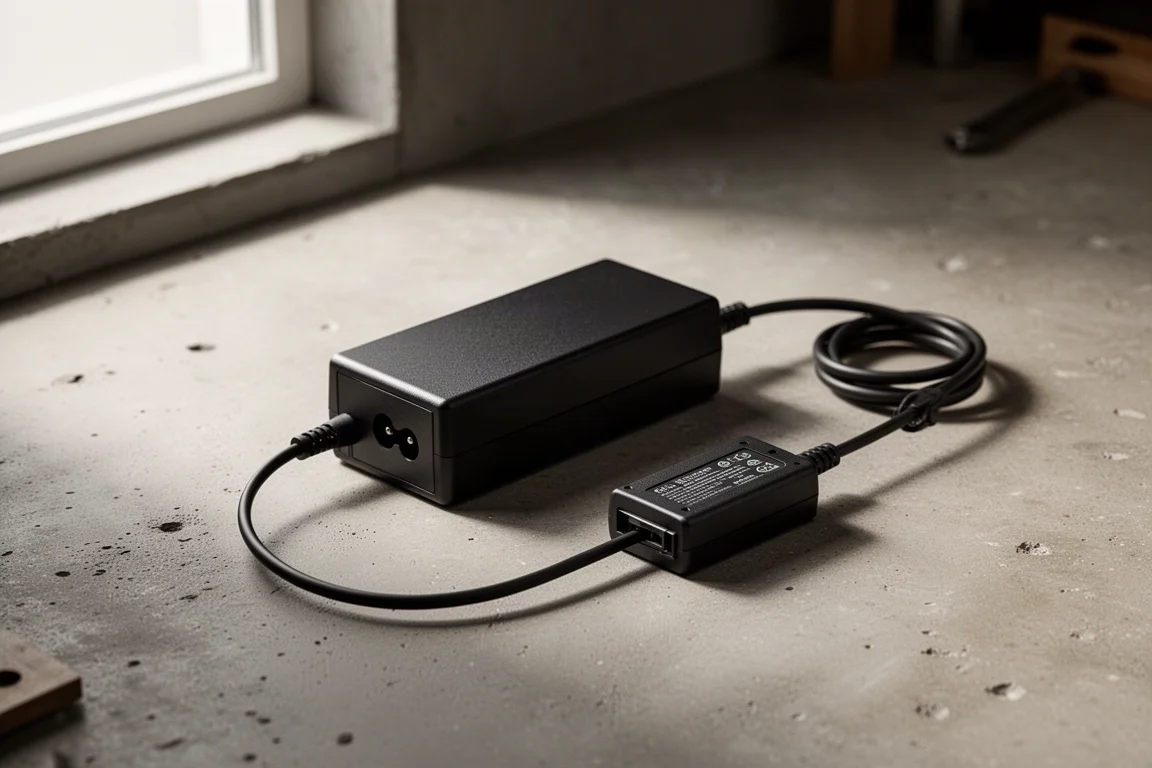 Black AC adapter with short cord and battery-style adapter block on a concrete workbench