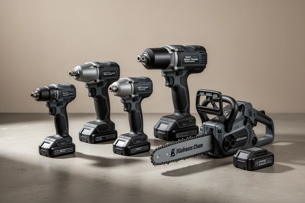 Four Melif cordless power tools arranged on a concrete workshop floor
