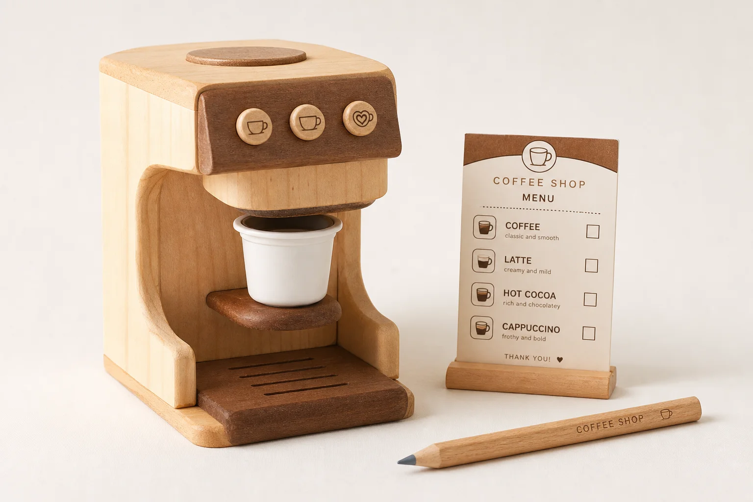 Six coffee toy sets arranged on concrete surface showing espresso machines, pour-over set, and bakery pieces