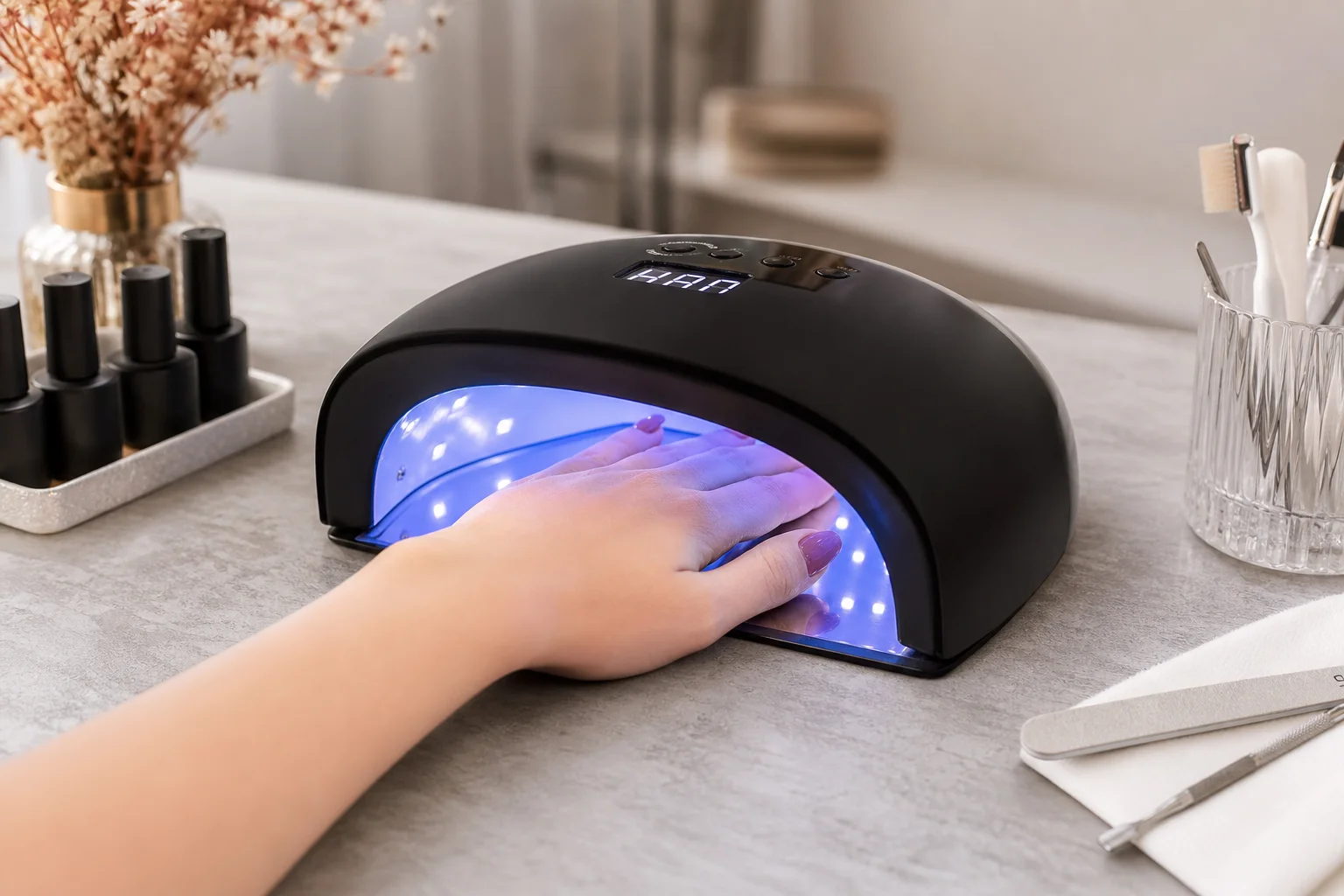 Hand wird zum Aushärten der Nägel in die UV LED-Lampe gelegt