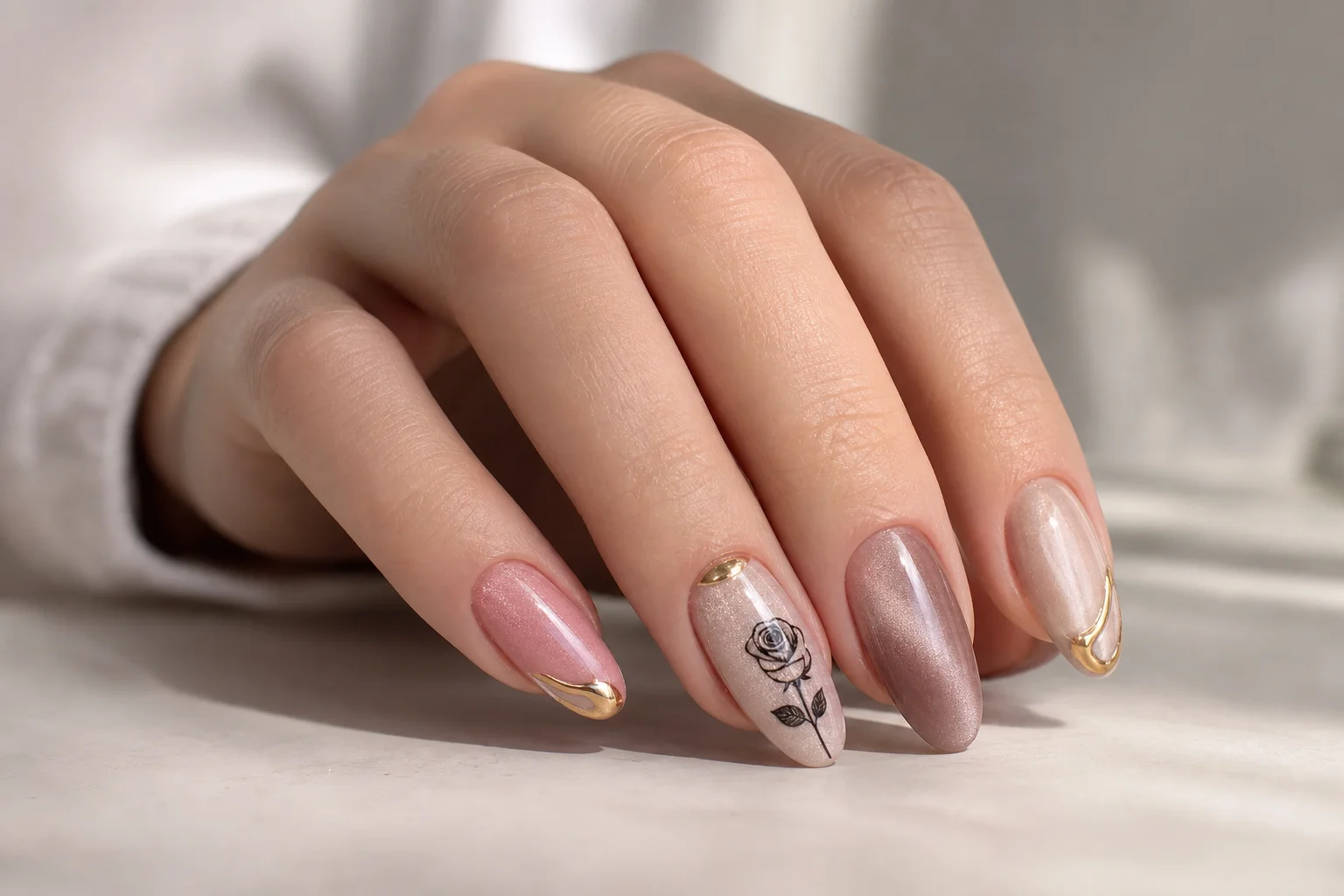 Fertige Maniküre mit Cat Eye-Lack, Chrom-Akzenten und Rosen-Stempeldesign