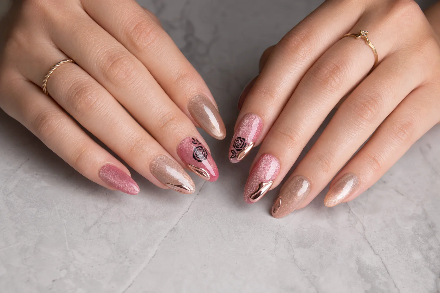 Vollständige Maniküre mit Cat Eye-Lack, Chrom und gestempelten Rosenmotiven