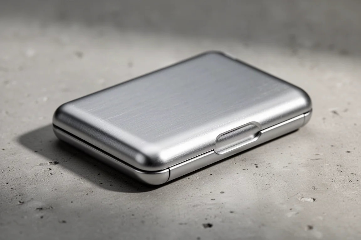 Cartera de aluminio tipo concha cerrándose con un detalle visible del borde magnético