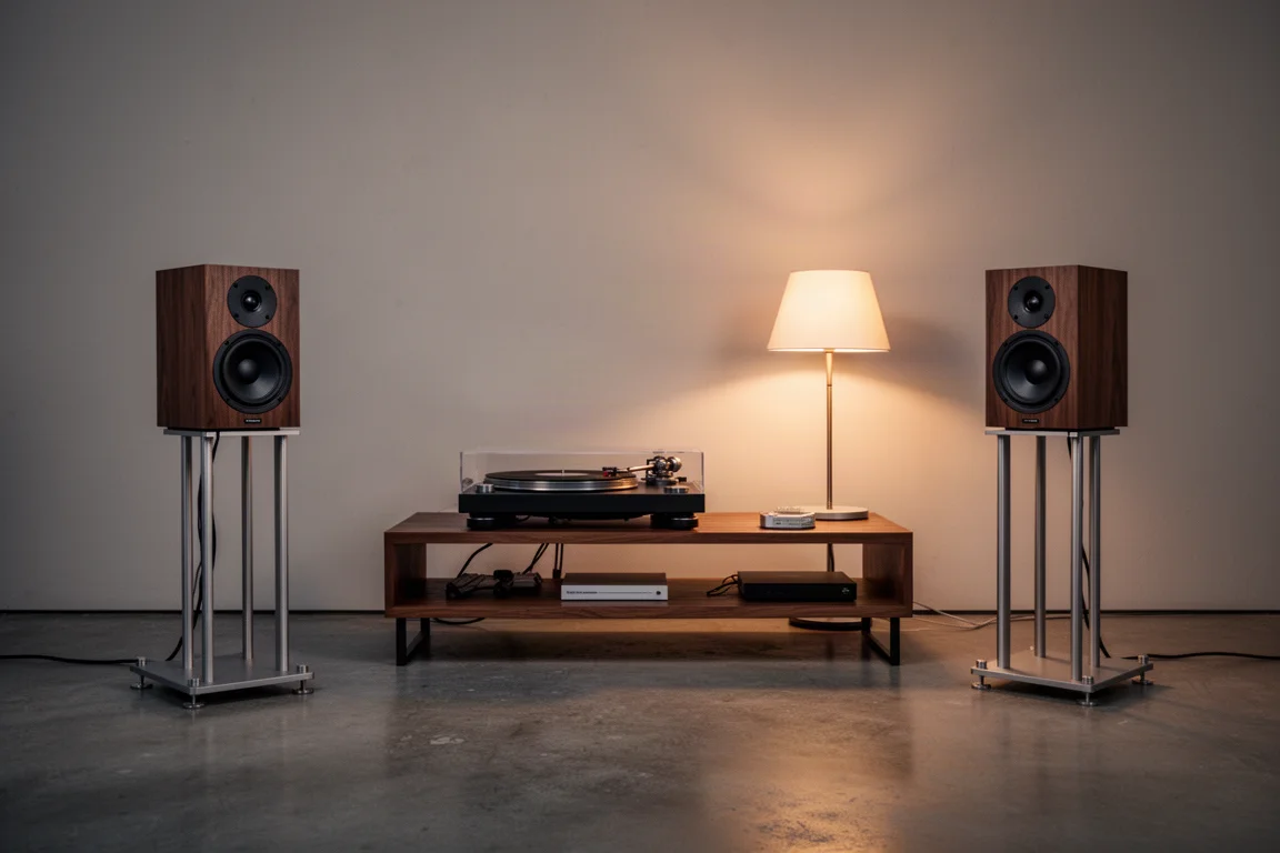 Sala de audição minimalista ao anoitecer com caixas de estante, toca-discos e luz de lâmpada quente