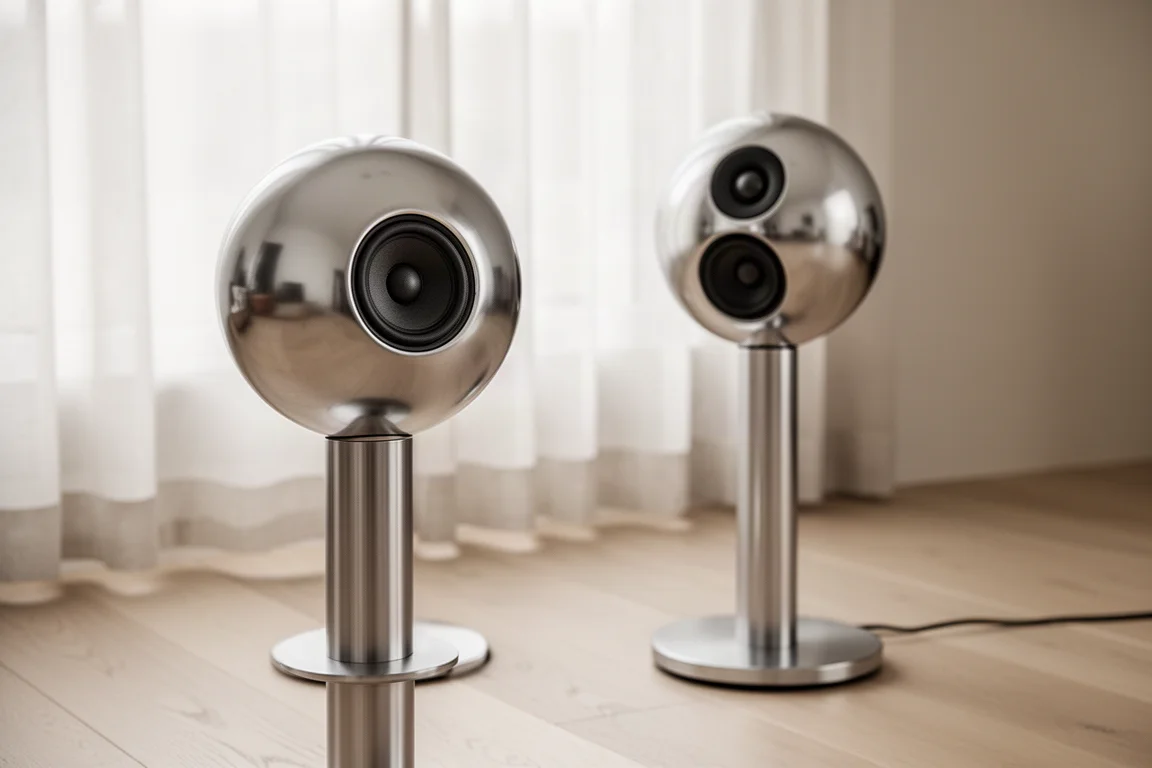 Duas caixas acústicas esféricas em suportes finos numa sala de estar minimalista e clara