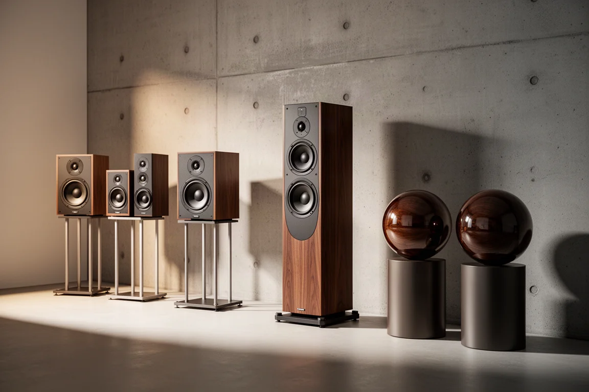 Several pairs of hi-fi speakers arranged in a minimalist listening room