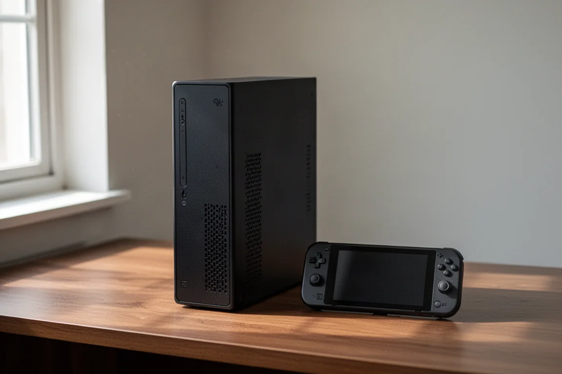 Torre mini PC compatta in posizione verticale accanto a un dispositivo di gioco portatile molto più piccolo