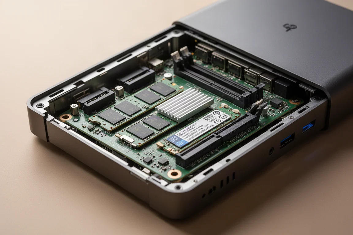 Vista interna di un mini PC che mostra slot RAM, SSD M.2 e slot PCIe