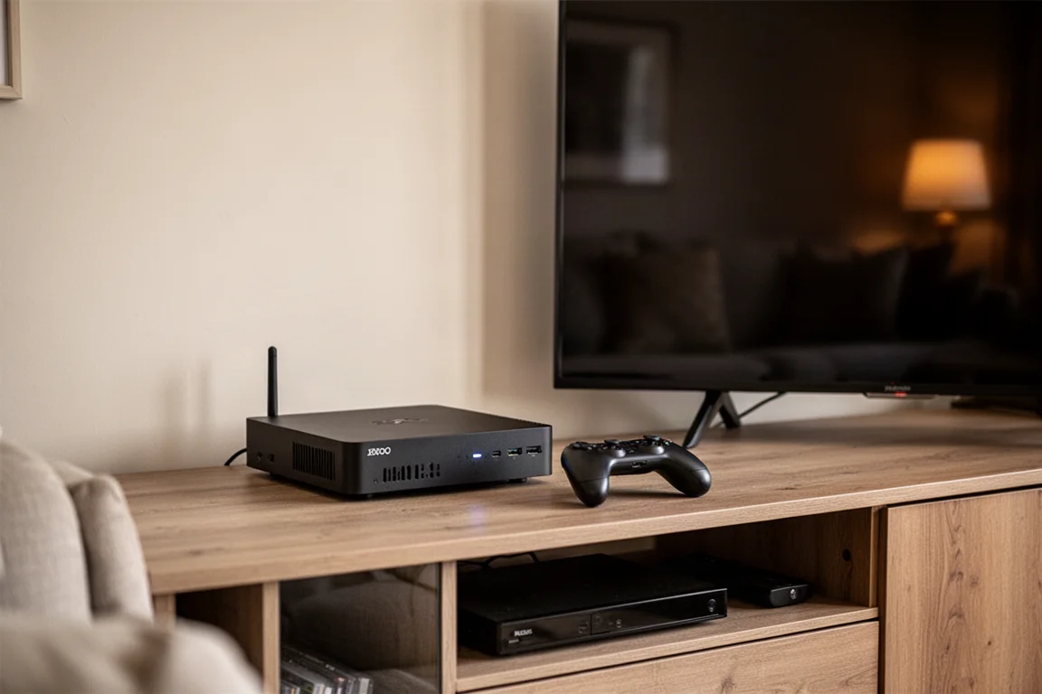 Setup di gioco con un mini PC collegato a un grande TV in un soggiorno