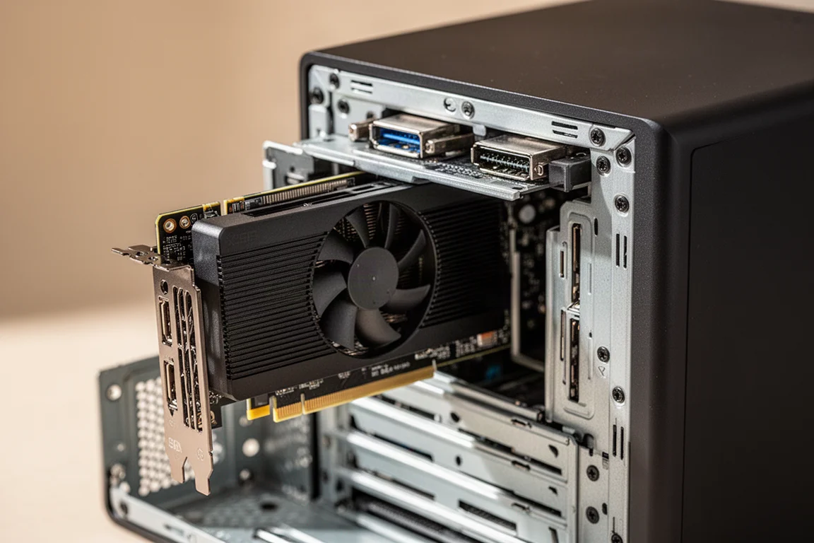 Primo piano di una scheda grafica low-profile installata in un telaio di mini PC