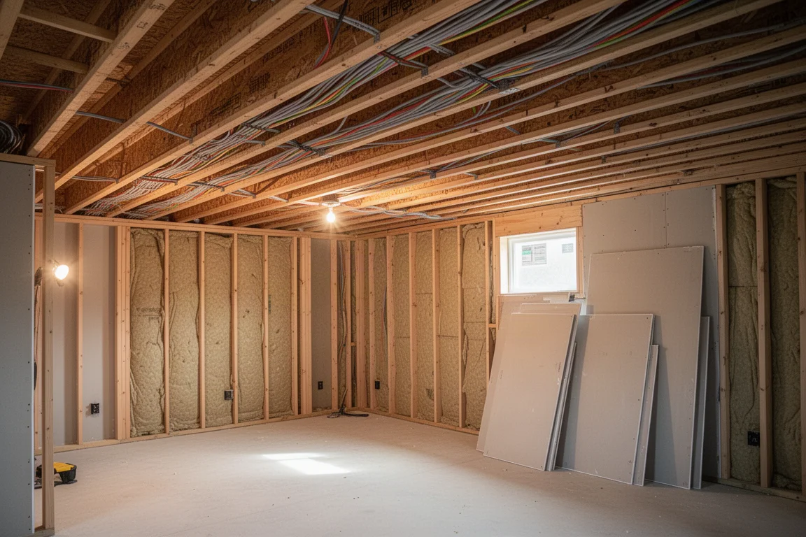 Cantiere interrato non finito con travi a vista e cablaggi sul soffitto