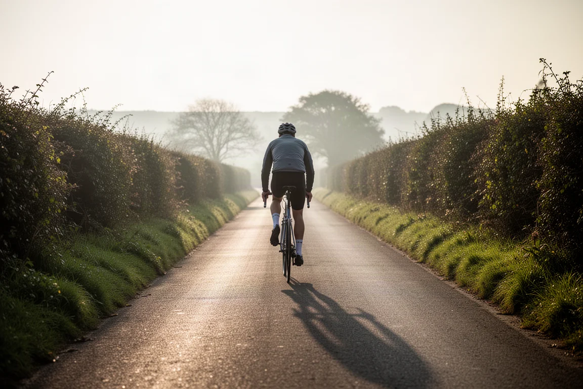 Ciclista su strada visto da dietro su una stradina di campagna bordata di siepi nella luce del tardo pomeriggio