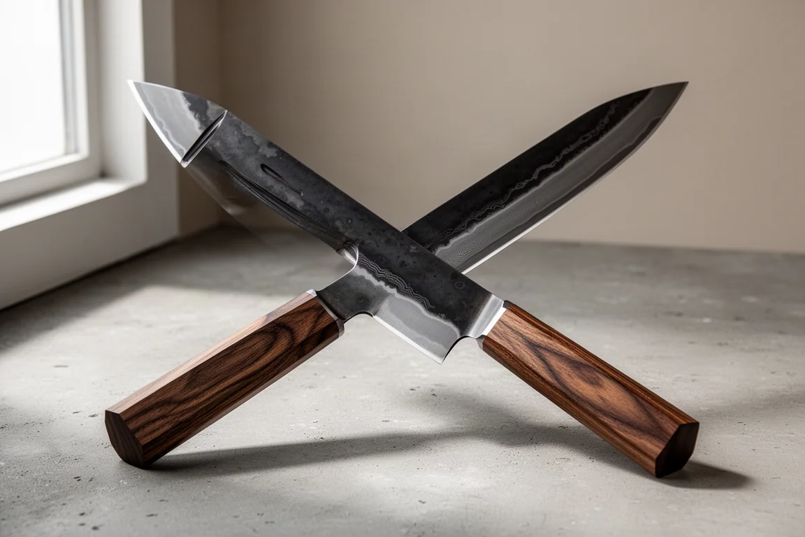 Handgefertigtes 26C3 Gyuto-Messer mit Hamon, Twin-Choil-Rille und Wa-Griff aus gebeizter Eiche auf Beton