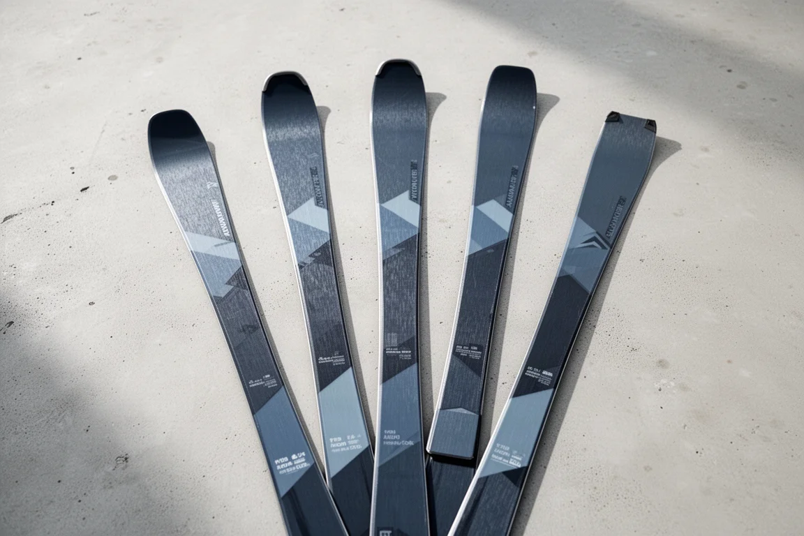 Overhead flat lay of ski tails on concrete showing twin tips beside flat square tails